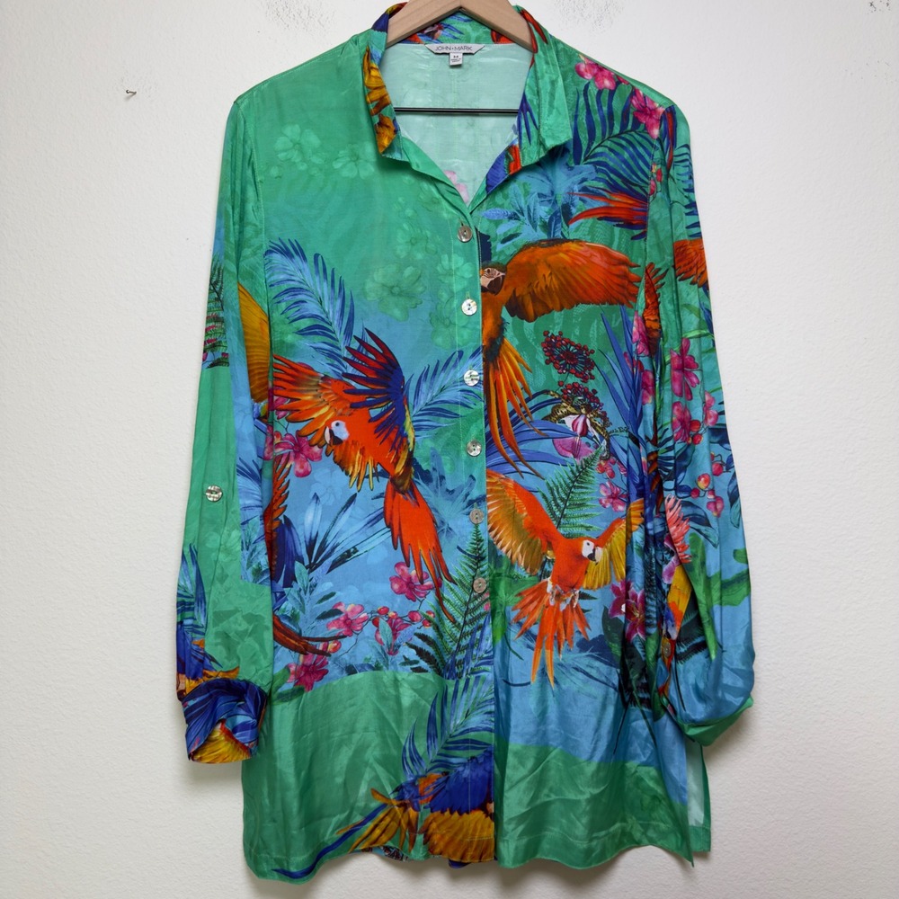 John Mark Women Silky Blouse Medium Green Blue Tropical Parrot Button Down Shirt